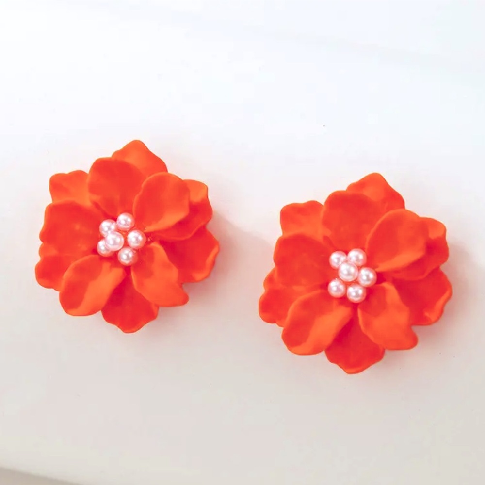 Orange, White, Flower Pearl Resin, Summer, Bridal, Retro Boho Cottage Earrings